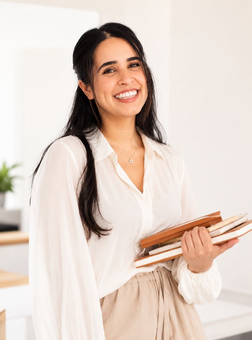 Mor, founder of Bereshit, smiling and holding a stack of notebooks